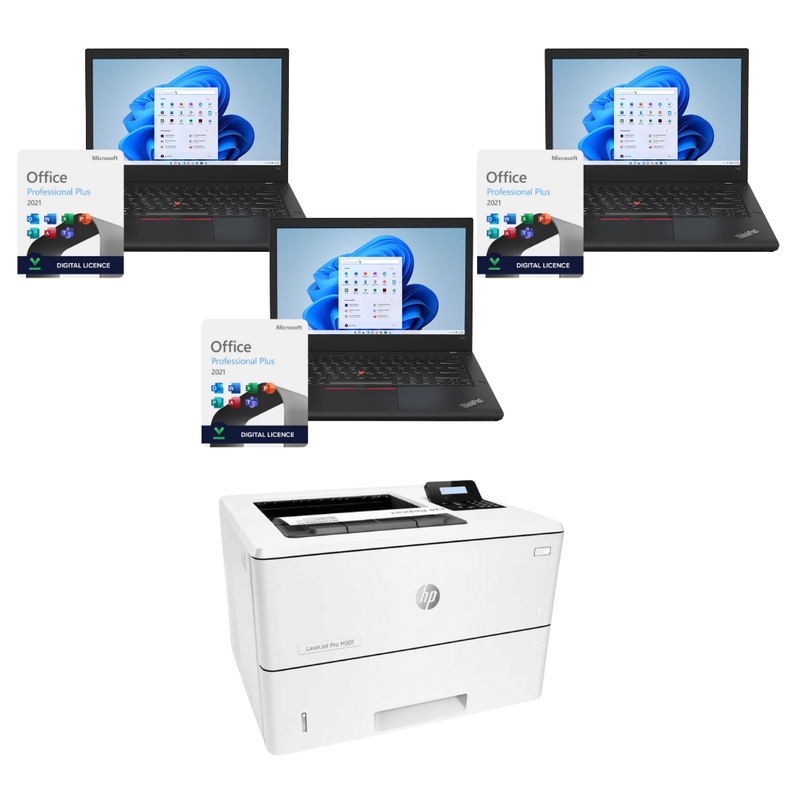 3x Lenovo T480s i5 Laptops | MS Office 2021 | HP Laserjet M501DN PrinterBundle Deals