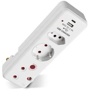 Switched 3-Way Medium Surge Adaptor - Schuko with Type-C + USB