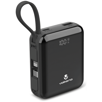 Volkano Solace Series 10 000 mAh Power Bank with Built-in USB-C & Lightning Cable - Black